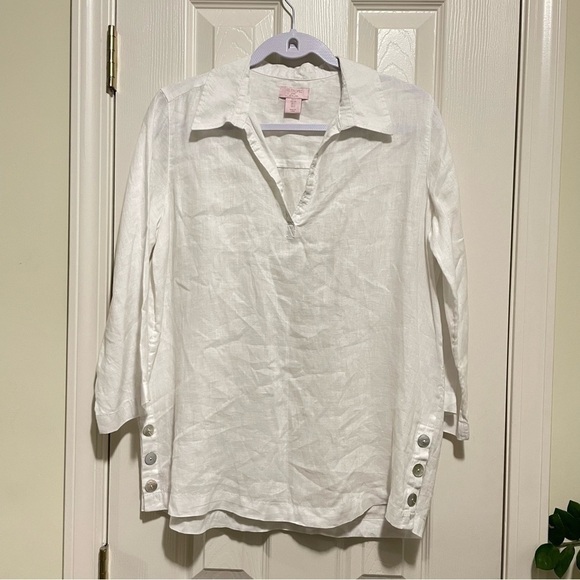 St Tropez white 100% Linen tunic With side buttons S - Picture 1 of 5